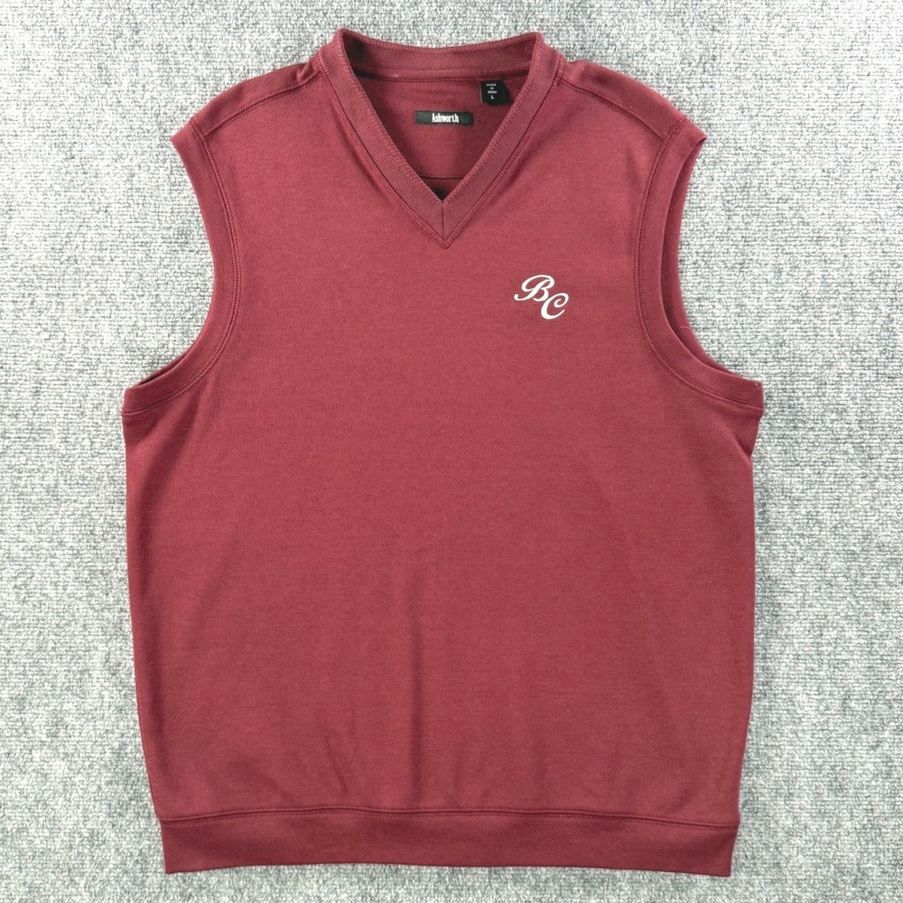 Ashworth Golf Sweater Vest Men's Large Red BC Logo 100% Cotton Peru